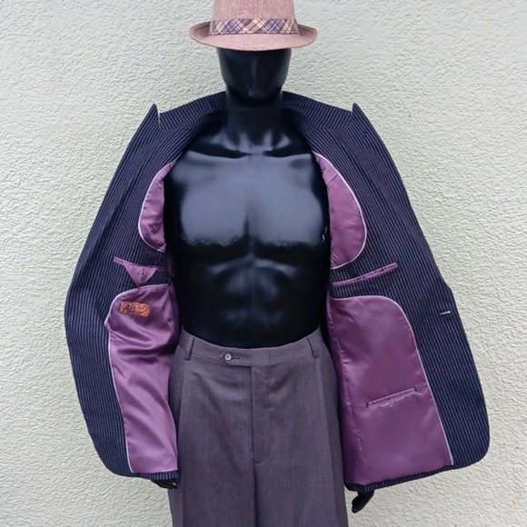 BLUE by PRONTO UOMO MEN'S PURE COTTON BLACK BLAZER W/WHITE PIN STRIPES - Picture 10 of 17